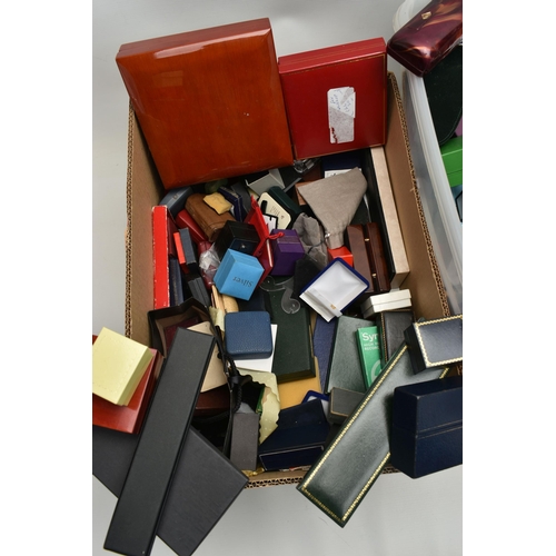 121 - TWO LARGE BOXES CONTAINING EMPTY JEWELLERY BOXES, for rings, necklaces, bracelets etc (condition rep... 