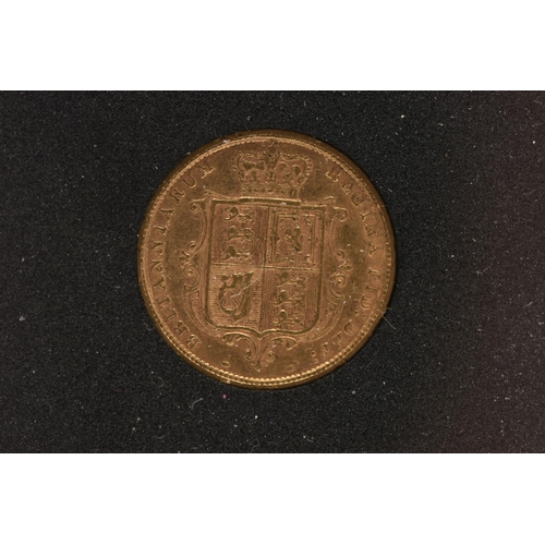 21 - A BOXED 1885 VICTORIA HALF GOLD SOVEREIGN ENCASED IN A PERSPEX SLEEVE, 3.97 grams, 9.16 fine comes i... 