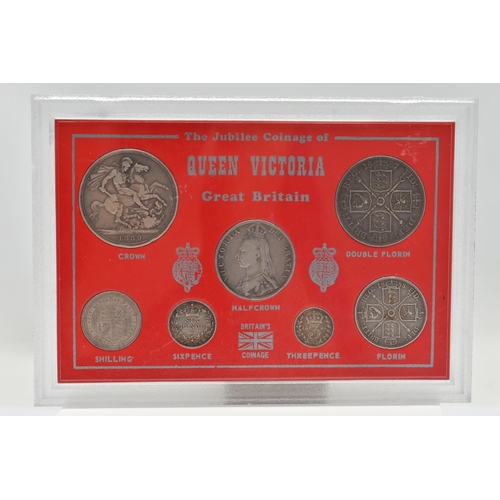 23 - A FRAMED COLLECTION OF QUEEN VICTORIA COINAGE TO INCLUDE: 1889 Crown,1887 Double Florin,1889 Halfcro... 