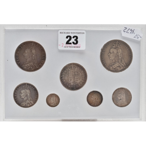 23 - A FRAMED COLLECTION OF QUEEN VICTORIA COINAGE TO INCLUDE: 1889 Crown,1887 Double Florin,1889 Halfcro... 