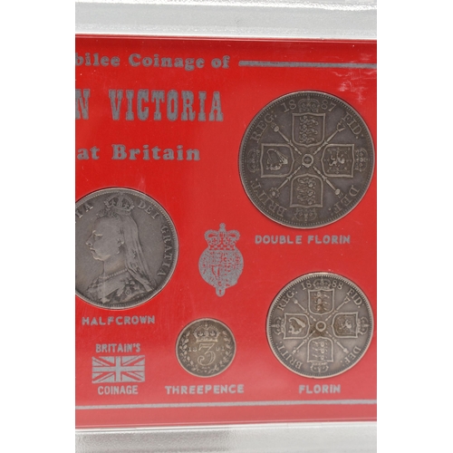 23 - A FRAMED COLLECTION OF QUEEN VICTORIA COINAGE TO INCLUDE: 1889 Crown,1887 Double Florin,1889 Halfcro... 