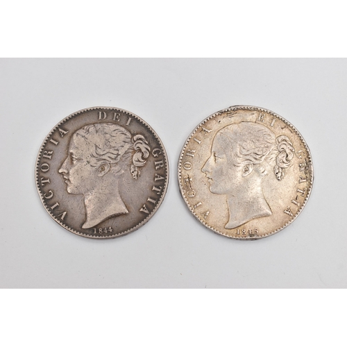 24 - A PAIR OF VICTORIAN CROWN COINS  1844 Cinquefoil stops,1845 Cinquefoil stops Edge damage