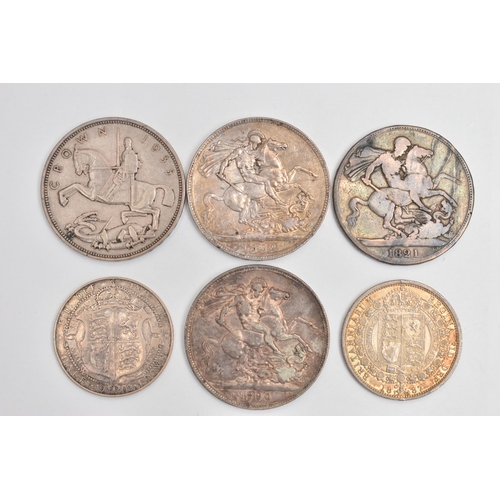 28 - A GROUP OF SILVER COINAGE TO INCLUDE: 1821 GEORGE IIII Crown with ware, a 1902 Edward VII Crown, a V... 