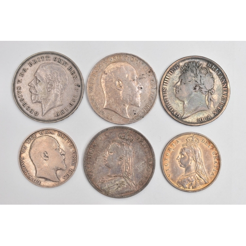 28 - A GROUP OF SILVER COINAGE TO INCLUDE: 1821 GEORGE IIII Crown with ware, a 1902 Edward VII Crown, a V... 