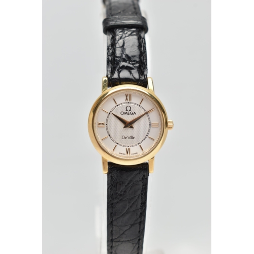 36 - A 18CT GOLD 'OMEGA' WRIST WATCH, quartz movement, round dial signed 'Omega De Ville', Roman numerals... 