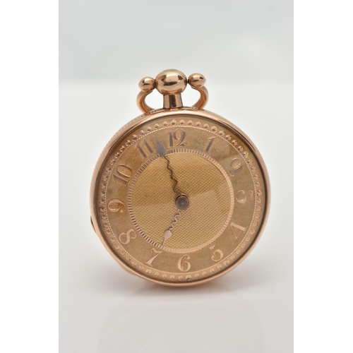 37 - AN EARLY 19TH CENTURY 18CT GOLD OPEN FACE POCKET WATCH, key wound movement, gilt dial unsigned, Arab... 