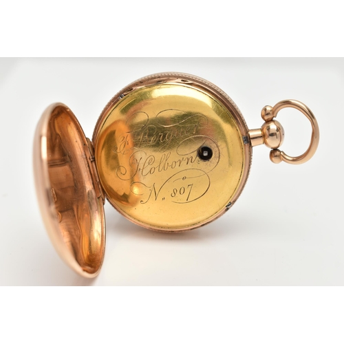 37 - AN EARLY 19TH CENTURY 18CT GOLD OPEN FACE POCKET WATCH, key wound movement, gilt dial unsigned, Arab... 