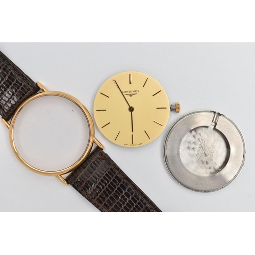 40 - A 'LONGINES' WRIST WATCH, hand wound movement, round gold tone dial signed 'Longines', baton markers... 