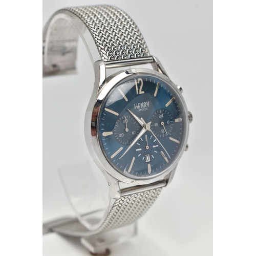 43 - A GENTS STAINLESS STEEL 'HENRY LONDON' WRISTWATCH,  round blue dial signed 'Henry London', Arabic tw... 