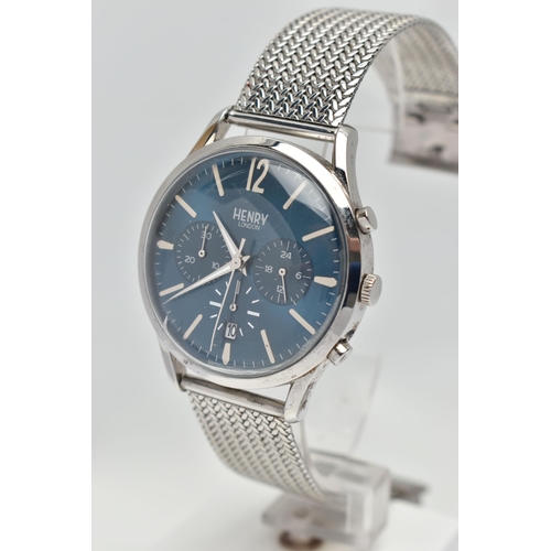 43 - A GENTS STAINLESS STEEL 'HENRY LONDON' WRISTWATCH,  round blue dial signed 'Henry London', Arabic tw... 