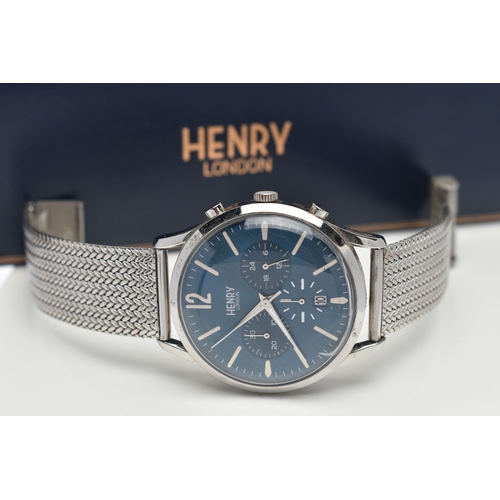 43 - A GENTS STAINLESS STEEL 'HENRY LONDON' WRISTWATCH,  round blue dial signed 'Henry London', Arabic tw... 