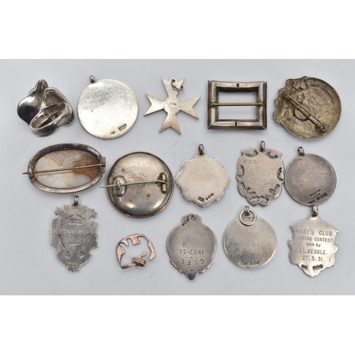 47 - A BAG OF ASSORTED WHITE METAL JEWELLERY, to include seven silver fob medals, three have enamel, all ... 