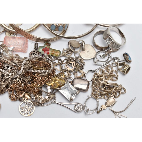 48 - A BAG OF WHITE METAL JEWELLERY, to include a silver curb link bracelet fitted with a heart padlock c... 