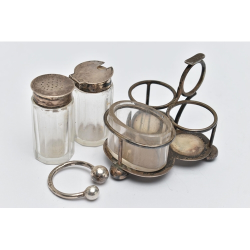 50 - A SILVER CONDIMENT SET, comprising of a pepper pot and two mustards, on a silver stand, hallmarked '... 