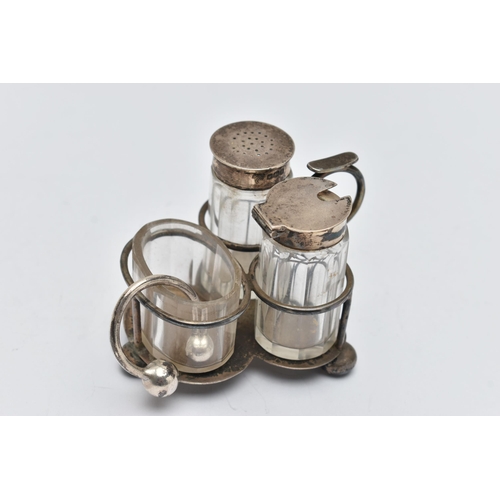 50 - A SILVER CONDIMENT SET, comprising of a pepper pot and two mustards, on a silver stand, hallmarked '... 