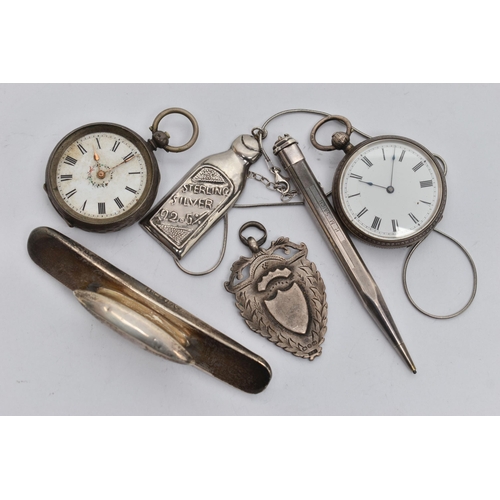 52 - TWO POCKET WATCHES, FOB MEDAL AND OTHER ITEMS, to include a silver open face pocket watch, key wound... 