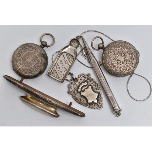 52 - TWO POCKET WATCHES, FOB MEDAL AND OTHER ITEMS, to include a silver open face pocket watch, key wound... 