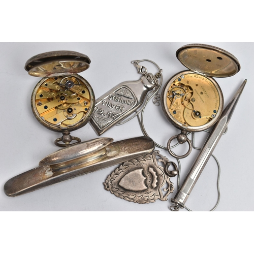 52 - TWO POCKET WATCHES, FOB MEDAL AND OTHER ITEMS, to include a silver open face pocket watch, key wound... 