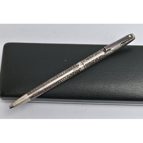 57 - A SILVER SHEAFFER PEN, ball point pen with foliage etched detail, hallmarked London import 1975, tog... 