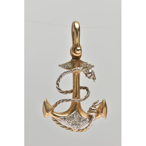 61 - A YELLOW METAL AND DIAMOND ANCHOR PENDANT, a yellow metal anchor with white metal detail, set with n... 