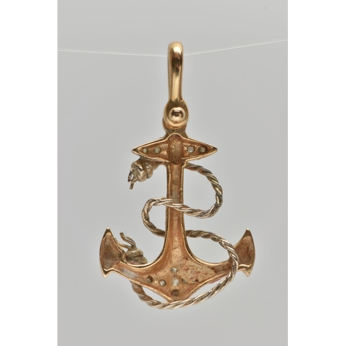 61 - A YELLOW METAL AND DIAMOND ANCHOR PENDANT, a yellow metal anchor with white metal detail, set with n... 