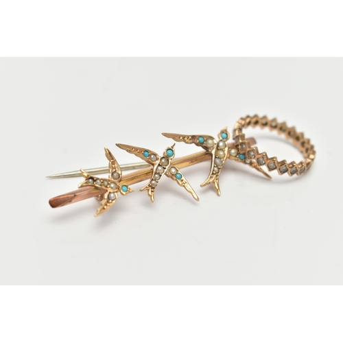 63 - A EARLY 20TH CENTURY 9CT GOLD BROOCH, a yellow gold bar brooch designed with three swallows, set wit... 