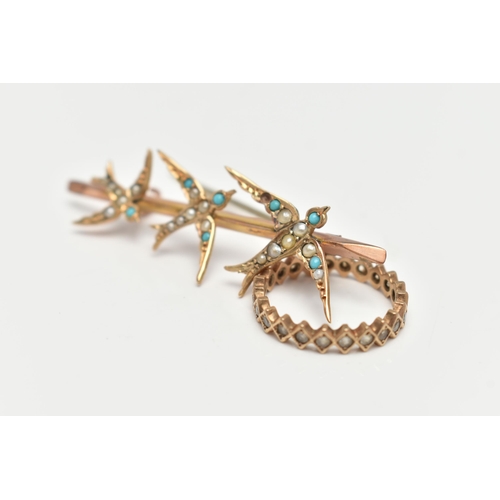 63 - A EARLY 20TH CENTURY 9CT GOLD BROOCH, a yellow gold bar brooch designed with three swallows, set wit... 