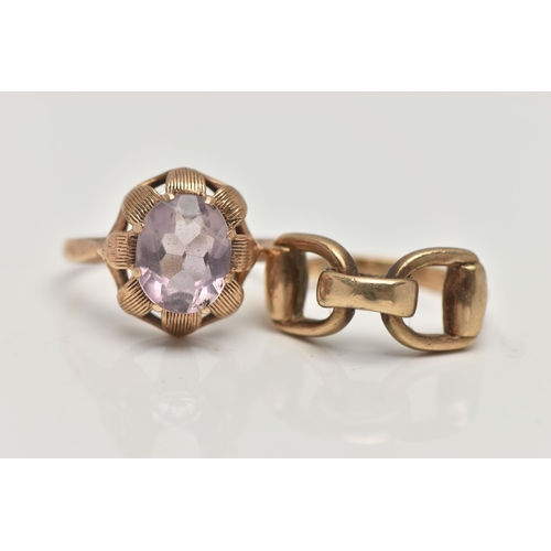 67 - TWO 9CT GOLD RINGS, the first designed with an oval cut amethyst in an eight claw setting, to a text... 