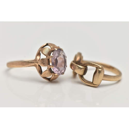 67 - TWO 9CT GOLD RINGS, the first designed with an oval cut amethyst in an eight claw setting, to a text... 