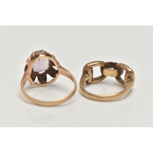 67 - TWO 9CT GOLD RINGS, the first designed with an oval cut amethyst in an eight claw setting, to a text... 