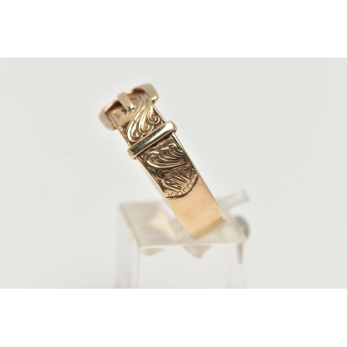 73 - A GENTS 9CT YELLOW GOLD BUCKLE RING, scrolling detail, hallmarked 9ct Birmingham, ring size Z1, appr... 