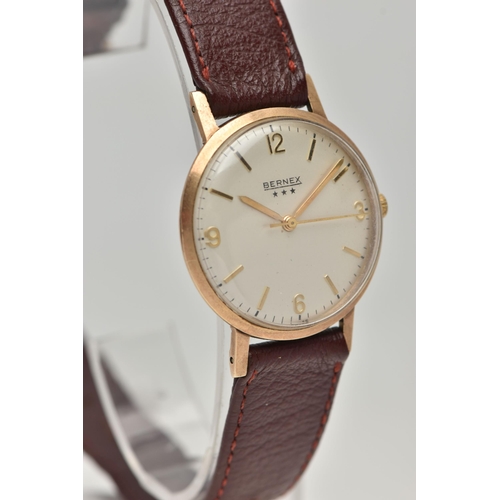 76 - A GENTS 9CT GOLD 'BERNEX' WRISTWATCH, manual wind, round silver dial signed 'Bernex', Arabic numeral... 