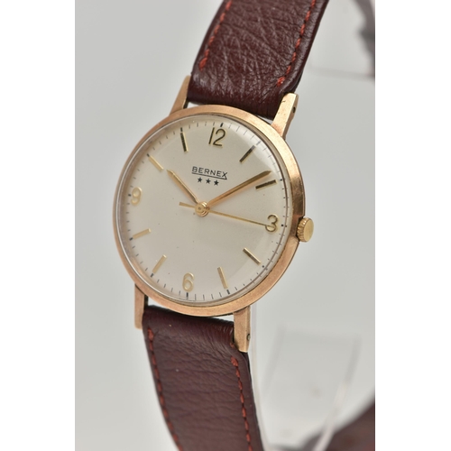 76 - A GENTS 9CT GOLD 'BERNEX' WRISTWATCH, manual wind, round silver dial signed 'Bernex', Arabic numeral... 