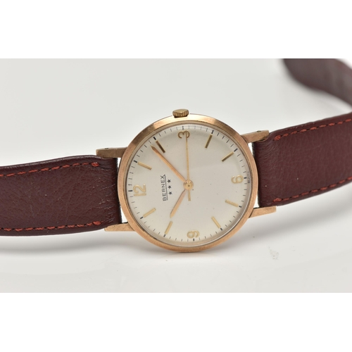 76 - A GENTS 9CT GOLD 'BERNEX' WRISTWATCH, manual wind, round silver dial signed 'Bernex', Arabic numeral... 