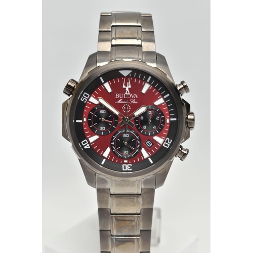 77 - A GENTS 'BULOVA' CHRONOGRAPH WRISTWATCH, quartz movement, round red dial signed 'Bulova Marine Star'... 