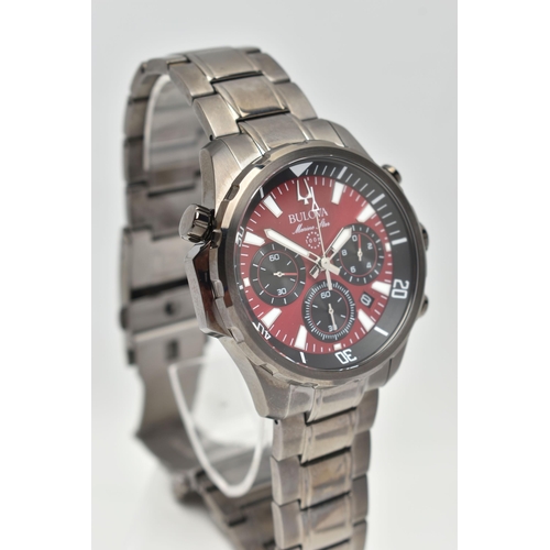 77 - A GENTS 'BULOVA' CHRONOGRAPH WRISTWATCH, quartz movement, round red dial signed 'Bulova Marine Star'... 