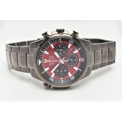 77 - A GENTS 'BULOVA' CHRONOGRAPH WRISTWATCH, quartz movement, round red dial signed 'Bulova Marine Star'... 