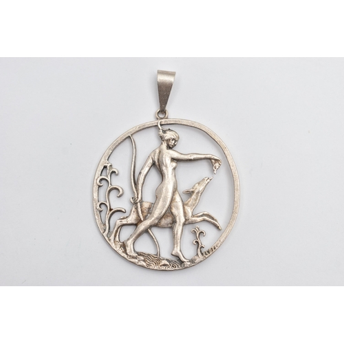 78 - A SILVER OPENWORK PENDANT, depicting goddess Diana bearing a bow walking with a deer, engraved to th... 