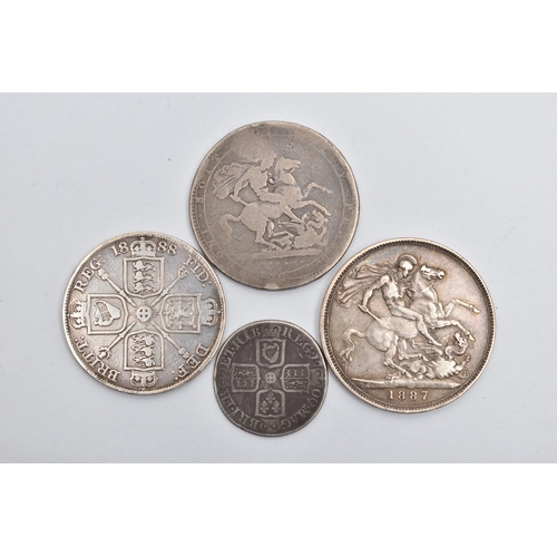 82 - A SMALL SILVER COIN GROUP OF COINS, to include (ANNA) Anne 1709 Shilling, a Worn George III Crown, a... 