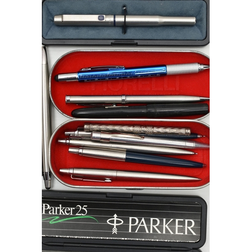 92 - A TIN OF ASSORTED PENS, to include two brushed steel 'Sheaffer' ball point pens with boxes, a boxed ... 