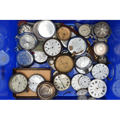 94 - A BOX OF ASSORTED POCKET WATCHES AND STOP WATCHES, a boxed 'Fidlay & Co' stop watch, novelty pocket ... 