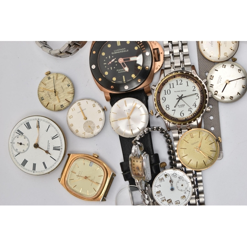 98 - A BOX OF ASSORTED WRIST WATCHES, WATCH HEADS AND MOVEMENTS, six wristwatches, names to include Lumin... 