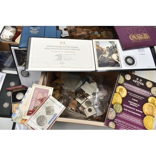 125 - PLASTIC AND CARDBOARD BOXES OF COINS AND COMMEMORATIVES, to include BU and Proof UK year sets, many ... 