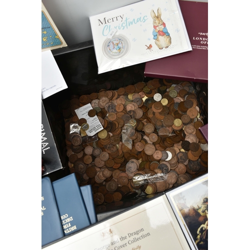 125 - PLASTIC AND CARDBOARD BOXES OF COINS AND COMMEMORATIVES, to include BU and Proof UK year sets, many ... 