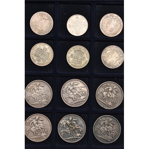 126 - A ALUMINIUM COIN CASE CONTAINING AMUNTS OF SILVER COINAGE TO INCLUDE: 15 X Crown coins  most with wa... 