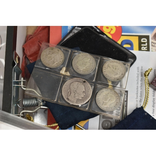 128 - A FILE BOX CONTAINING COINS AND COMMEMORATIVES to include two Peace Dollars, 1922, 1923, 4x Half Dol... 