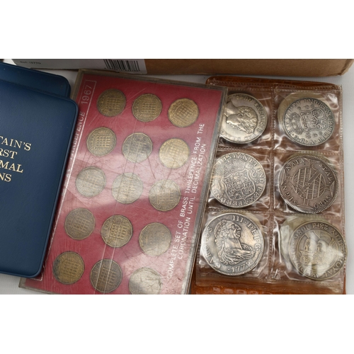 132 - A PLASTIC TRAY AND TWO CARDBOARD BOXES OF MIXED COINAGE, to include a 1978 Silver Proof Manx 20p in ... 