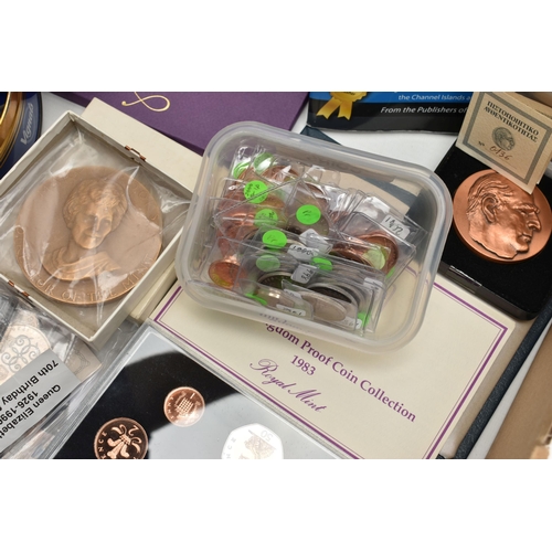 132 - A PLASTIC TRAY AND TWO CARDBOARD BOXES OF MIXED COINAGE, to include a 1978 Silver Proof Manx 20p in ... 