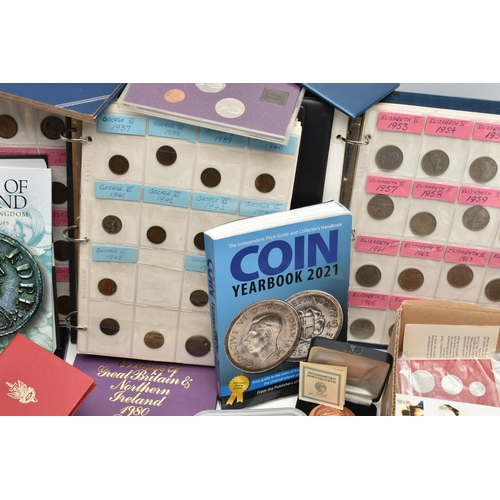 132 - A PLASTIC TRAY AND TWO CARDBOARD BOXES OF MIXED COINAGE, to include a 1978 Silver Proof Manx 20p in ... 