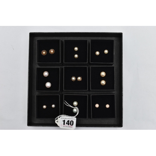 140 - A BOX OF ASSORTED EARRINGS, nine pairs in total, to include seven pairs of cultured pearl stud earri... 